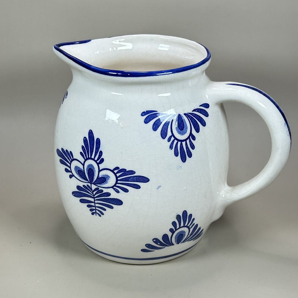 Vintage Delft Style Ceramic Pottery Pitcher Vase Blue Off White 6.5" Tall